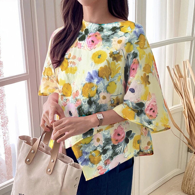 ZANZEA Women Fashion Blouse Chic 3/4 Sleeve Ruffle Hem Top Shirt 2025 Summer Round Neck Loose Blusa Elegant Irregular Work Tunic
