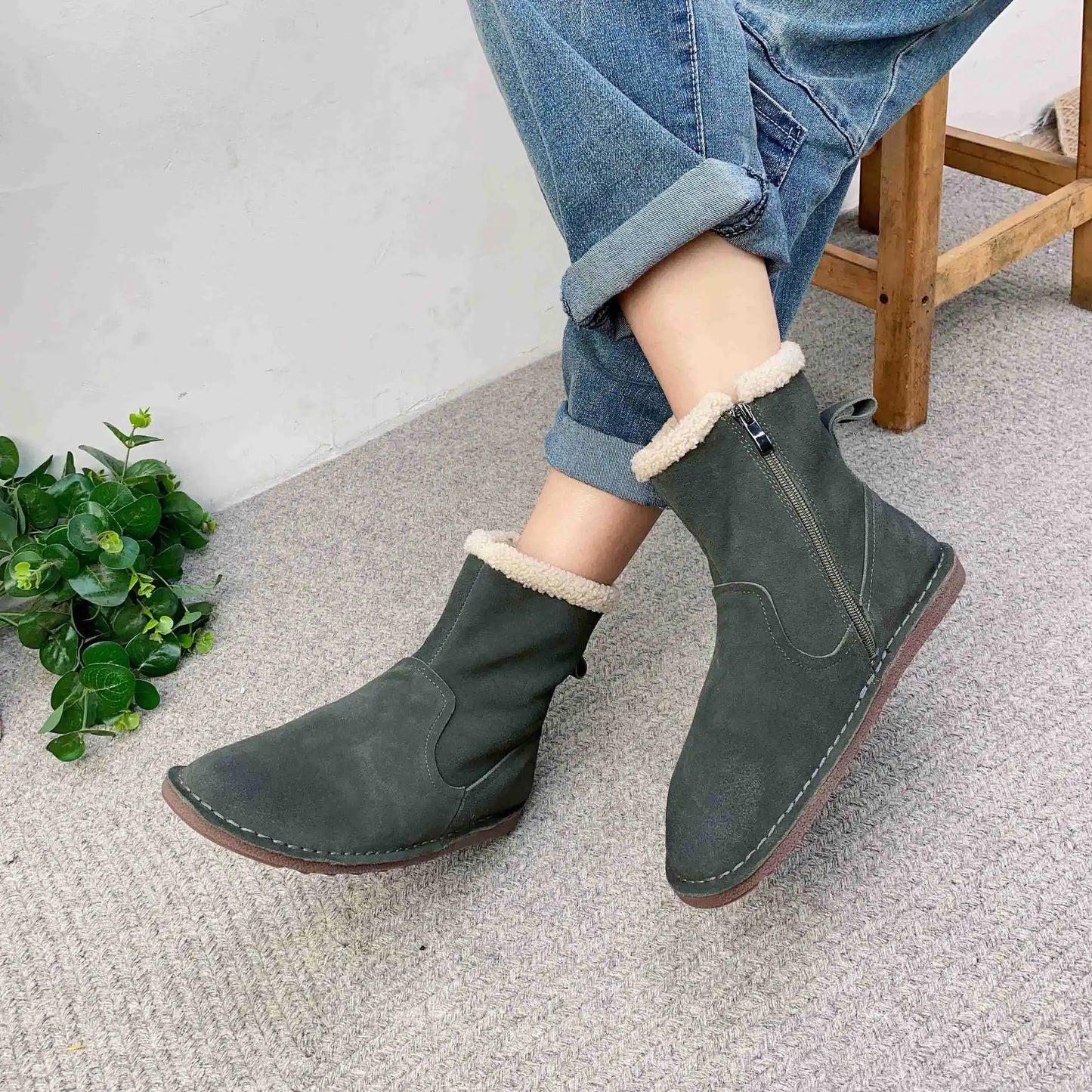 Careaymade-Genuine cow leather Snow cotton round head flats woolen short boots plush warm snow boots Oversized shoes size 35-43