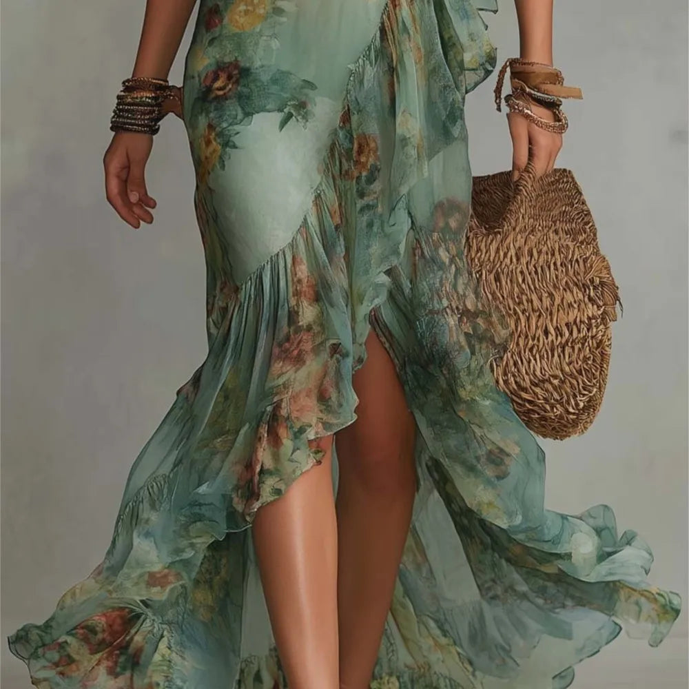 Sexy Elegant Dress For Spring Summer Retro Bohemian Print Holiday Style V-neck Lotus Leaf Sleeve Pleated Slit Irregular Dresses