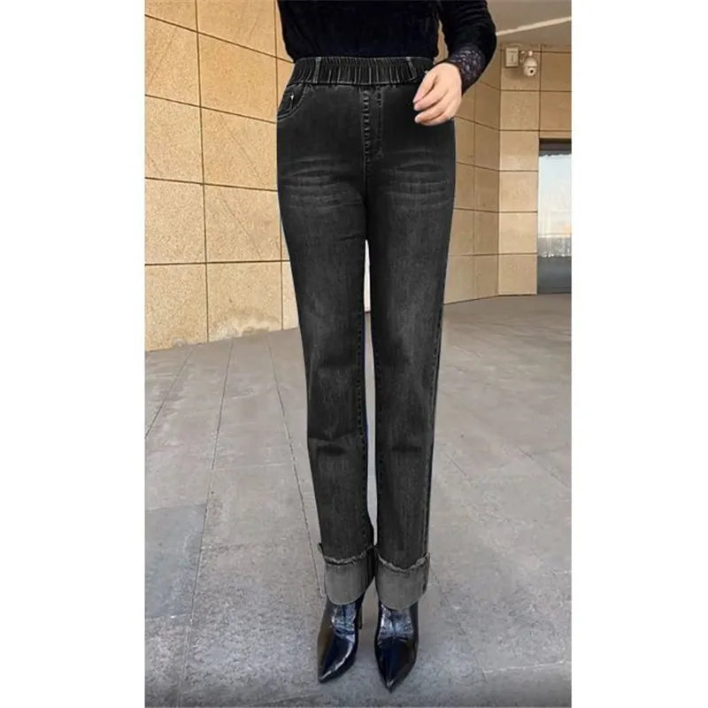 Plus Size Middle Aged Womens Jeans Elastic Waist High Waist Loose Denim Pants