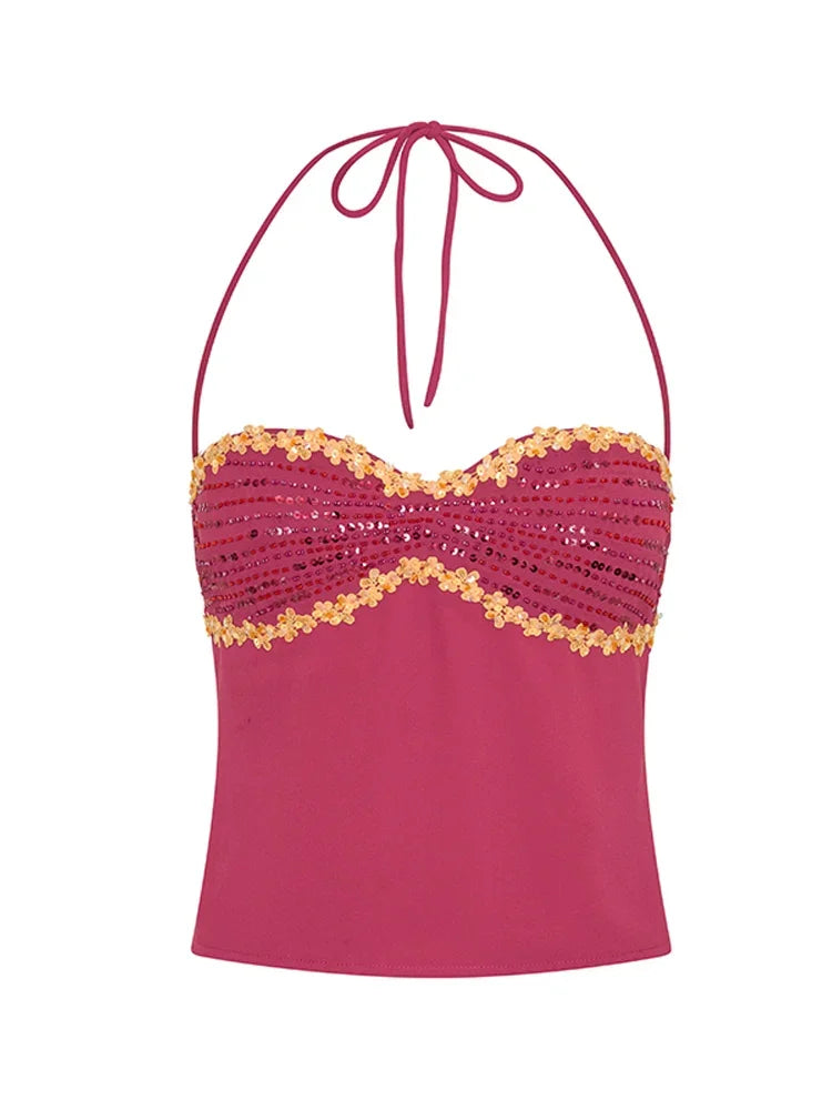 Chic Solid Color Matching Set Sequin Trim Cami Top Shinning Gold Trim Slim Fit Skirt Sexy Summer Vacation Party Club Outfit New