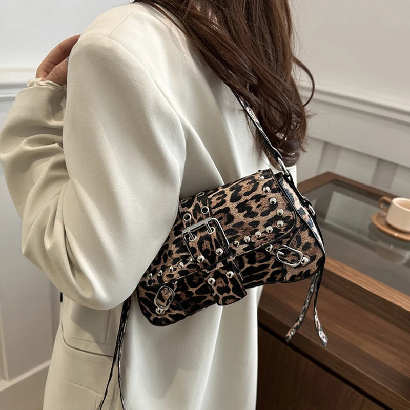Shoulder Bag for Women Punk Style Purse PU Leather Rock Fashion Handbags with Rivet Small Trendy Armpit Purse