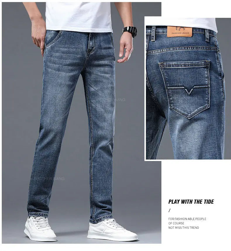 Classic Summer Men's Thin Stretch Fit Jeans Business Casual Slim Fit Denim Pants Soft Fabric High Quality Straight Leg Trousers