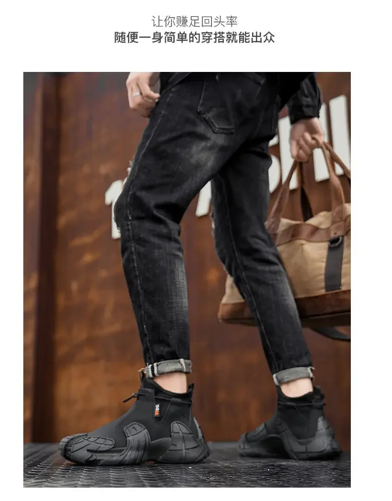 Men's Outdoor Short Boot Thick Soled High Top Casual Shoes Fashionable Trendy Shoes Male Sports Shoe Autumn Bare Boots 2024 New