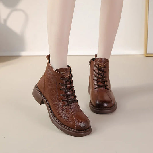 Xiuteng Autumn New Cowhide Mid-Heel Soft-Soled Women's Short Boots Retro Casual Leather  Boots Warm Women's Cotton Shoes