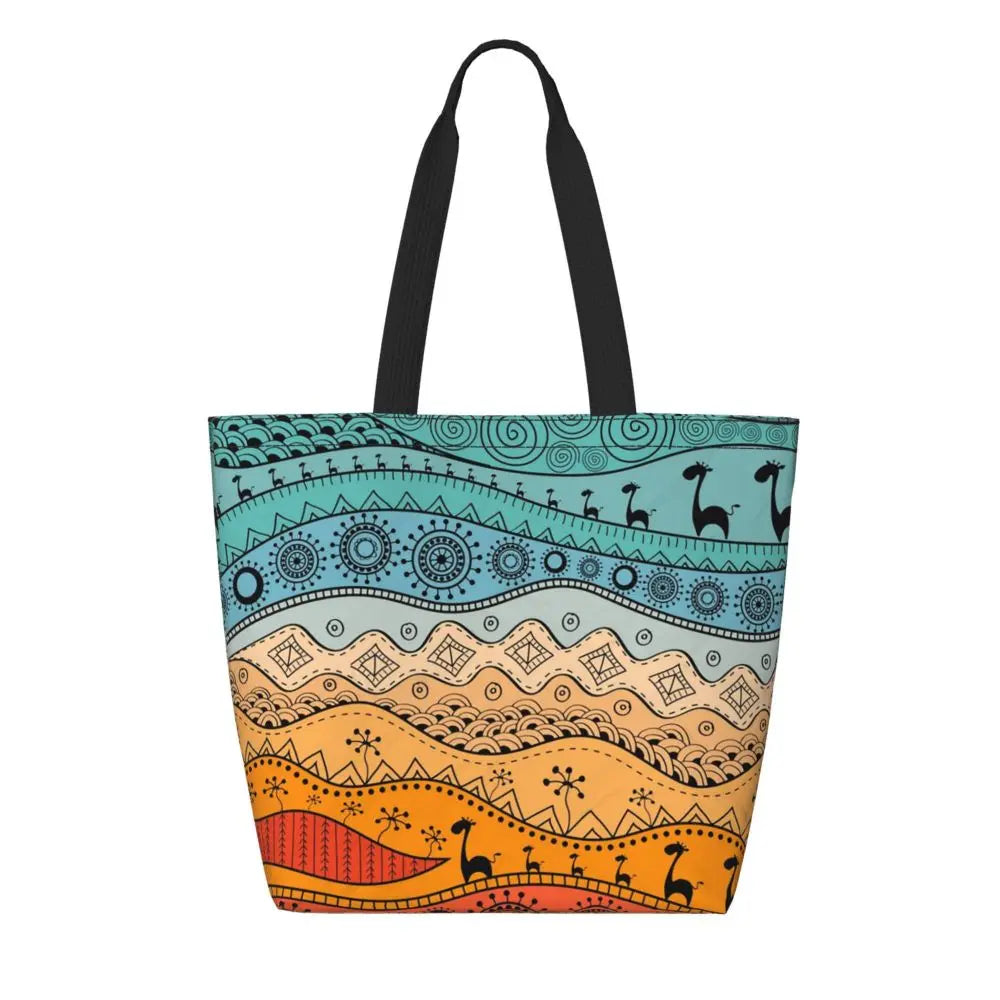 African Ankara Prints Grocery Shopping Tote Bags Women Geometric Ethnic Art Canvas Shoulder Shopper Bags Big Capacity Handbag