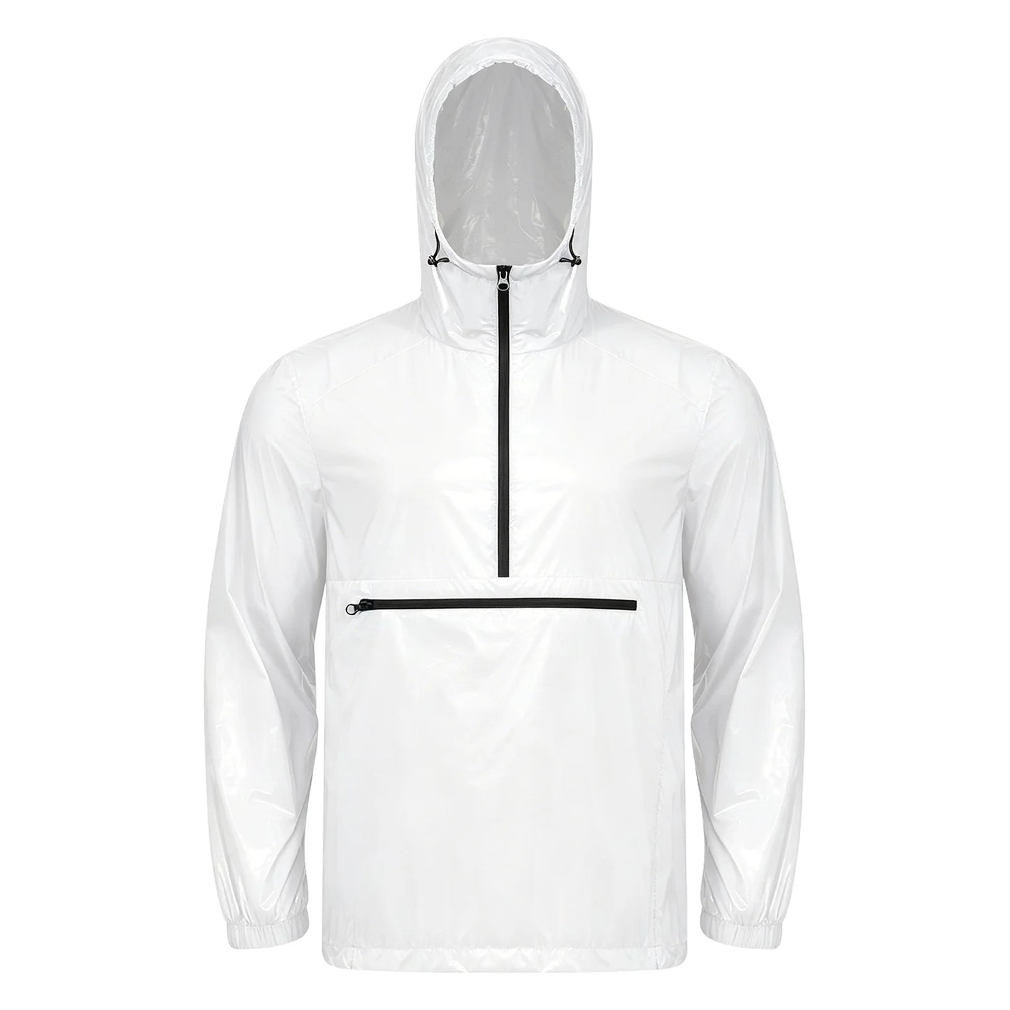 Men Shiny Glossy Hooded Jacket Windbreaker Raincoat for Hiking Fishing Biking Long Sleeve Front Zip-up Drawstring Hood Outerwear