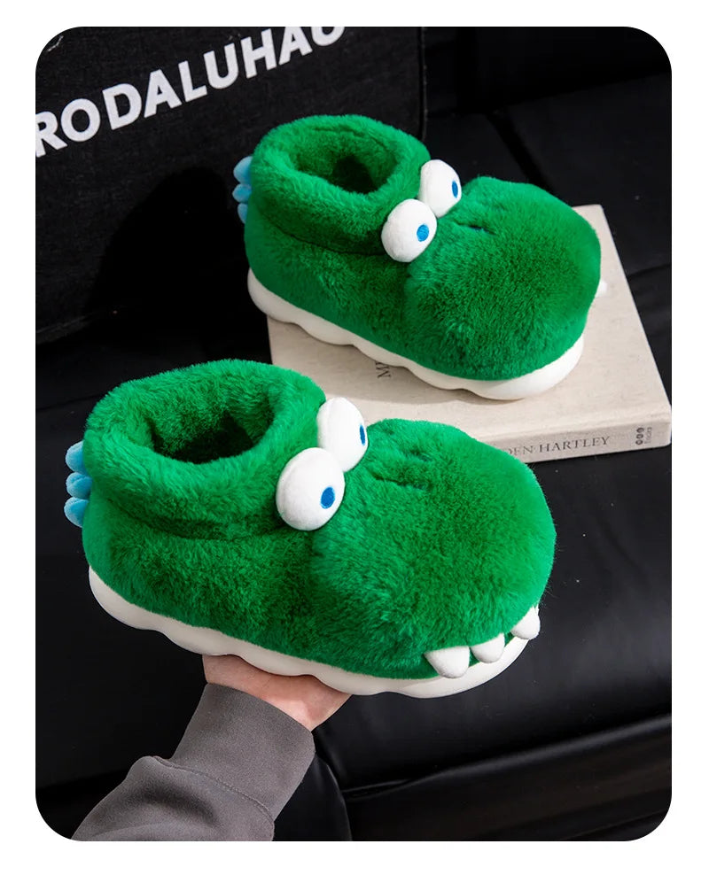 Unisex Men's Cartoon Animal Furry Bedroom Boot Shoes Warm Novelty Outdoor Slipper with Grippers New Adults Fun Alligator Slipper