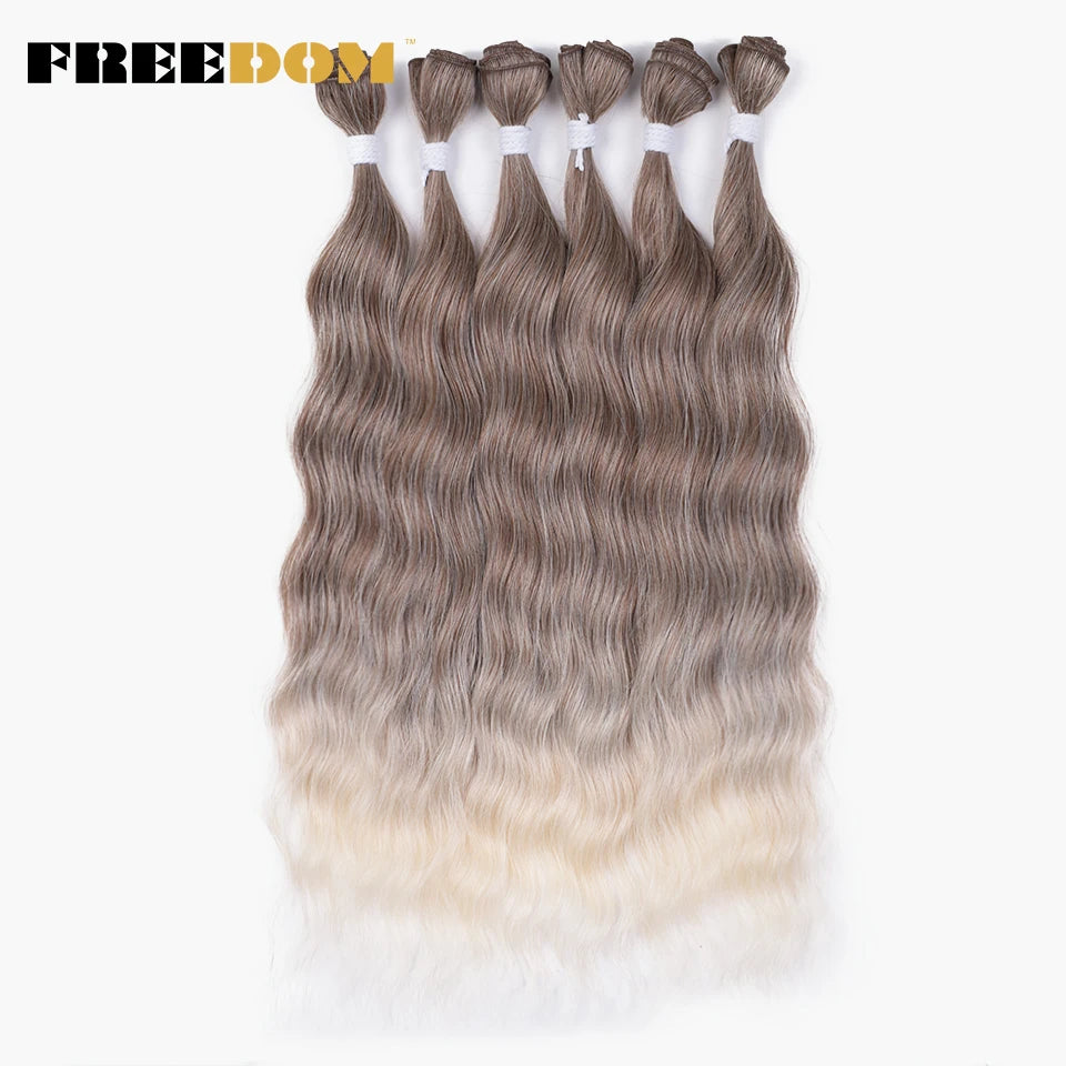 FREEDOM Synthetic Water Wave Hair Bundles 20 inch Synthetic Hair Extensions Ombre Blonde Brown Hair Weave Bundles 6Pcs/Pack