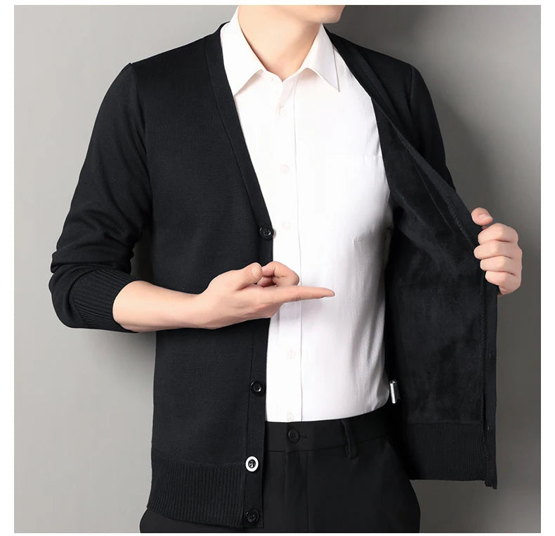 Mens Autumn Clothes Fleece Cardigan Jacket Knitted Sweater Outwear V-neck Fashion Cardigans Warm Men's Top