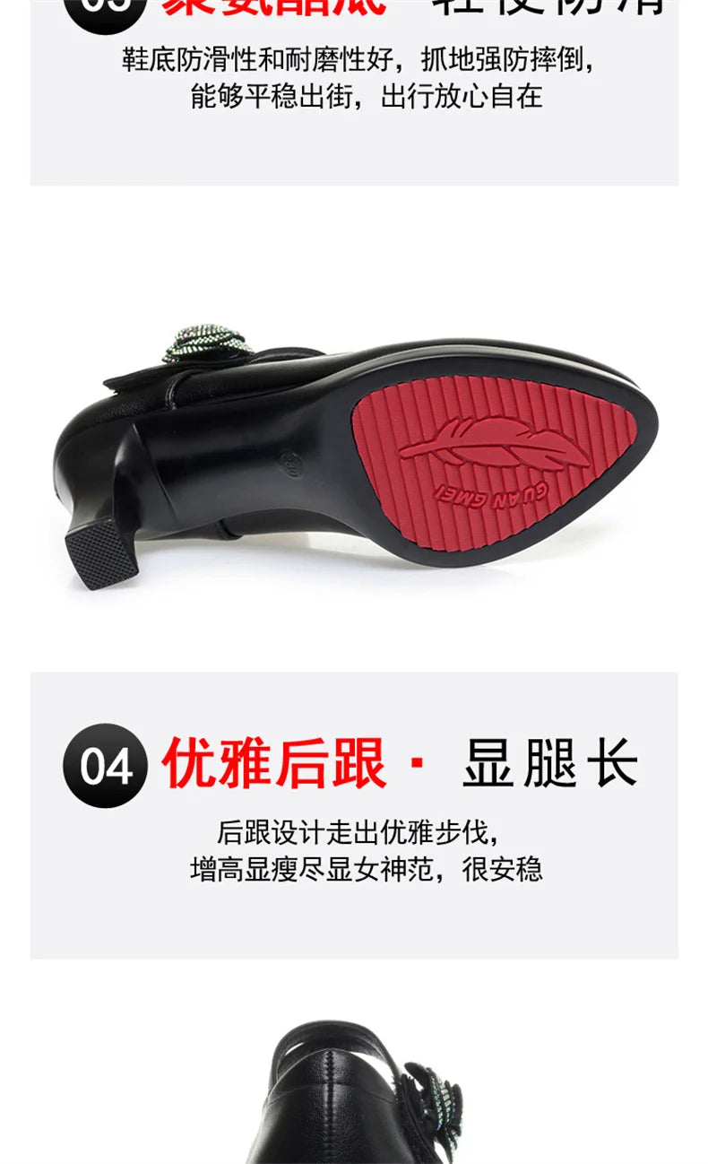 Women's Pumps Pointed Toe Office Soft Leather Flower Buckle Strap Platform High Heels Four Season Shallow Mouth Single Shoes
