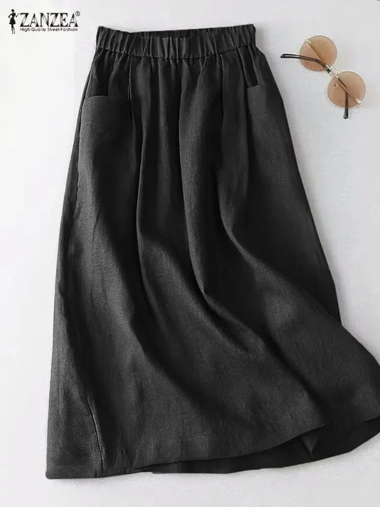 ZANZEA Women A Line Cotton Skirt Elastic Waist Midi Skirt Solid 2024 Summer Korean Side Pockets Falda Saias Casual Holiday Jupe