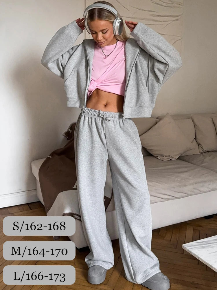Women Tracksuit Hoodies and Trousers Two Piece Set Casual Zipper Sweatshirt Solid Color Drawstring Sports Pants Workout Sets