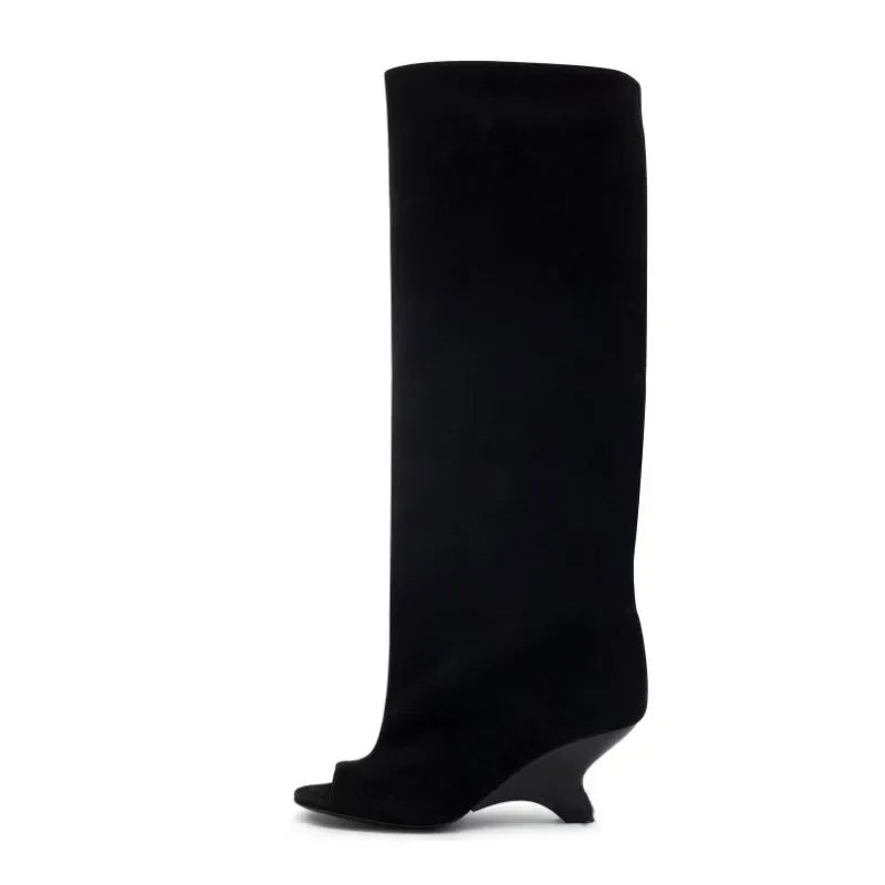 2025 European AndAmerican Nichedesign Versatileopen Toe Long Tube Cool Boots for Women, Crocodile Patterned Irregular High Heels