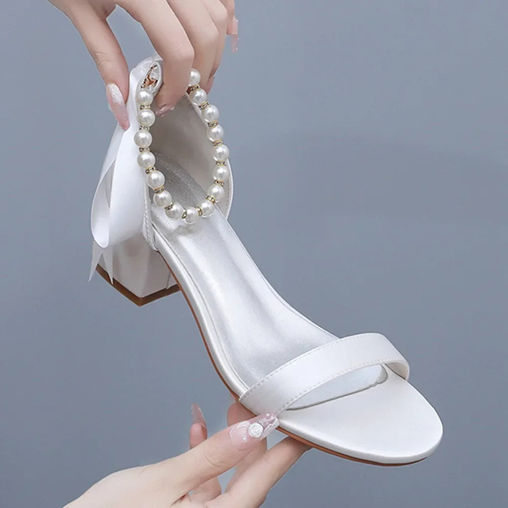 String Bead Sandals for Women Summer Peep Toe Sandals Ladies Fashion Ribbon Bow Thick High Heels Sexy Wedges Wedding Shoes 35-43