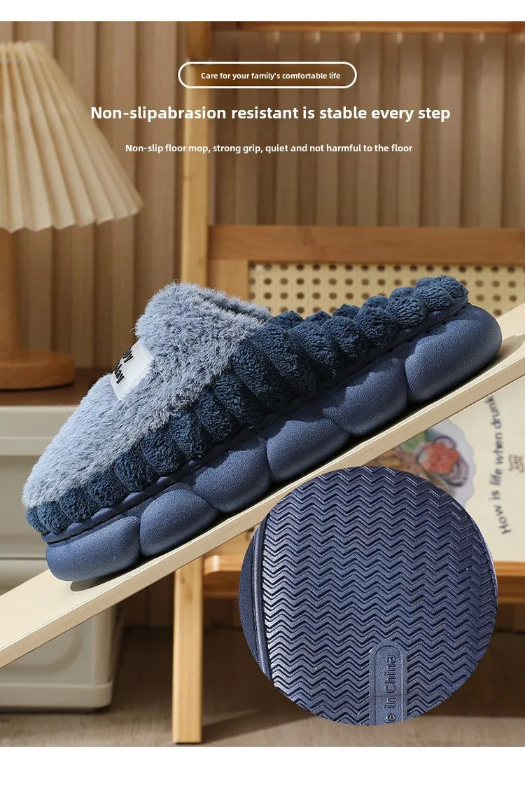 Man slippers home furry thick bottom slides designer winter warm velvet mens slippers blue cotton slipper males shoes