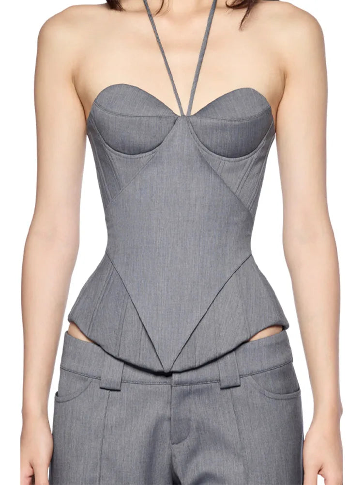 Chic Patchwork Slim Fit Halter Corset Low Collar A Line Lace Up Fishbone Tops Party Club Tube Vest 2026 Y2k Lady Vacation Top