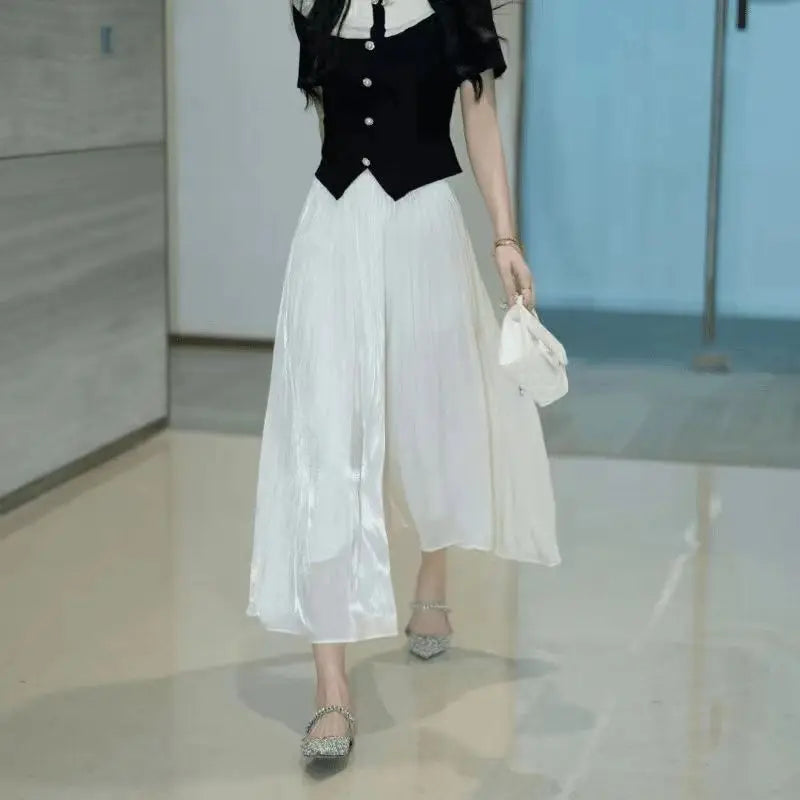 Summer Flowing Ice Silk Wide Leg Pants Women's plus Size Slimming Miniature Eighteen Skirt Pants High Waist Straight Leg Pants