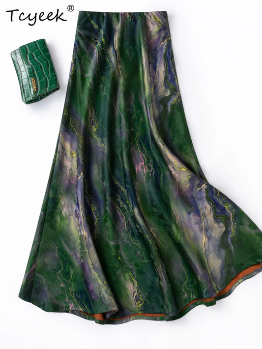 Tcyeek 100% Real Mulberry Silk Vintage Skirt Woman Clothes Summer Skirt Elegant Skirts for Women Evening Юбка Женская Slim Fit