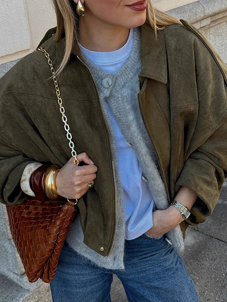 Fashion Suede Green Jackets Coat Women Lapel Full Sleeve Zipper Bomber Coats 2026 Spring New Loose Lady Street Solid Outwears