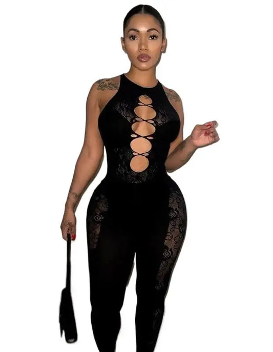European American Style Spring Women's Fashion Sexy Print Transparent Mesh Shirt Solid Color Hollow High Elastic Tight Jumpsuit