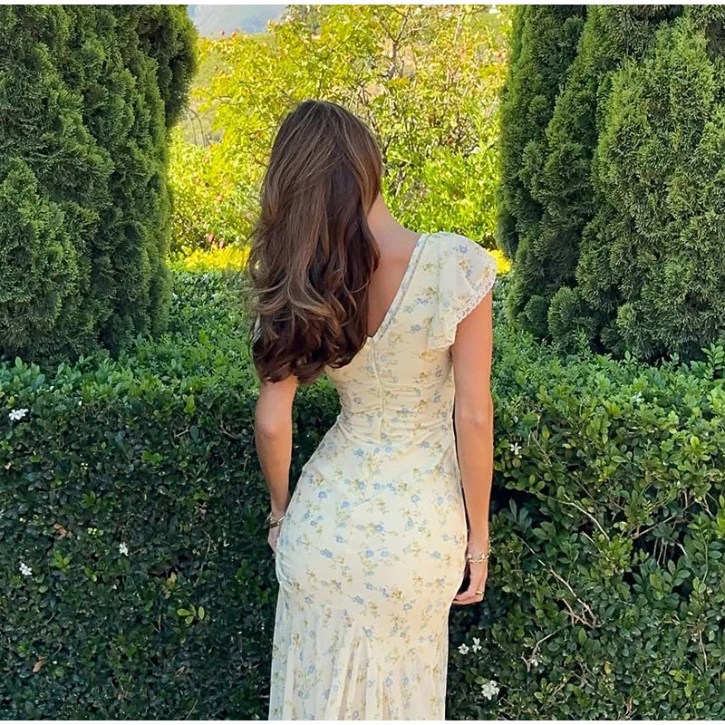 Women Elegant Printed Fishtail Dress Sexy V-neck Short Sleeve Waist-cinching Pleated Slim Maxi Dresses 2026 Lady Vacation Robe