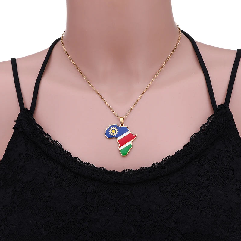 African Map Flag Pendant Necklace Stainless Steel Men Women Rwanda Sudan Uganda Zimbabwe Zambia Ethnic Maps Jewelry Gift