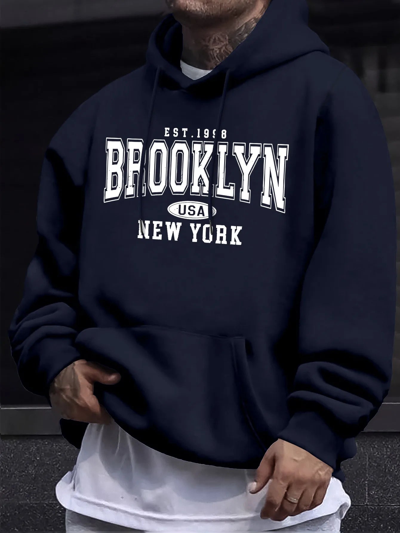 Men's autumn and winter casual fashion loose Brooklyn New York letter printed long sleeved hooded sweatshirt warm pullover BAZAARHUBO