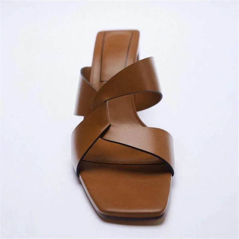 Summer new women's shoes brown black thick-heeled cow leather sandals square toe cross with open toe back high heels slippers