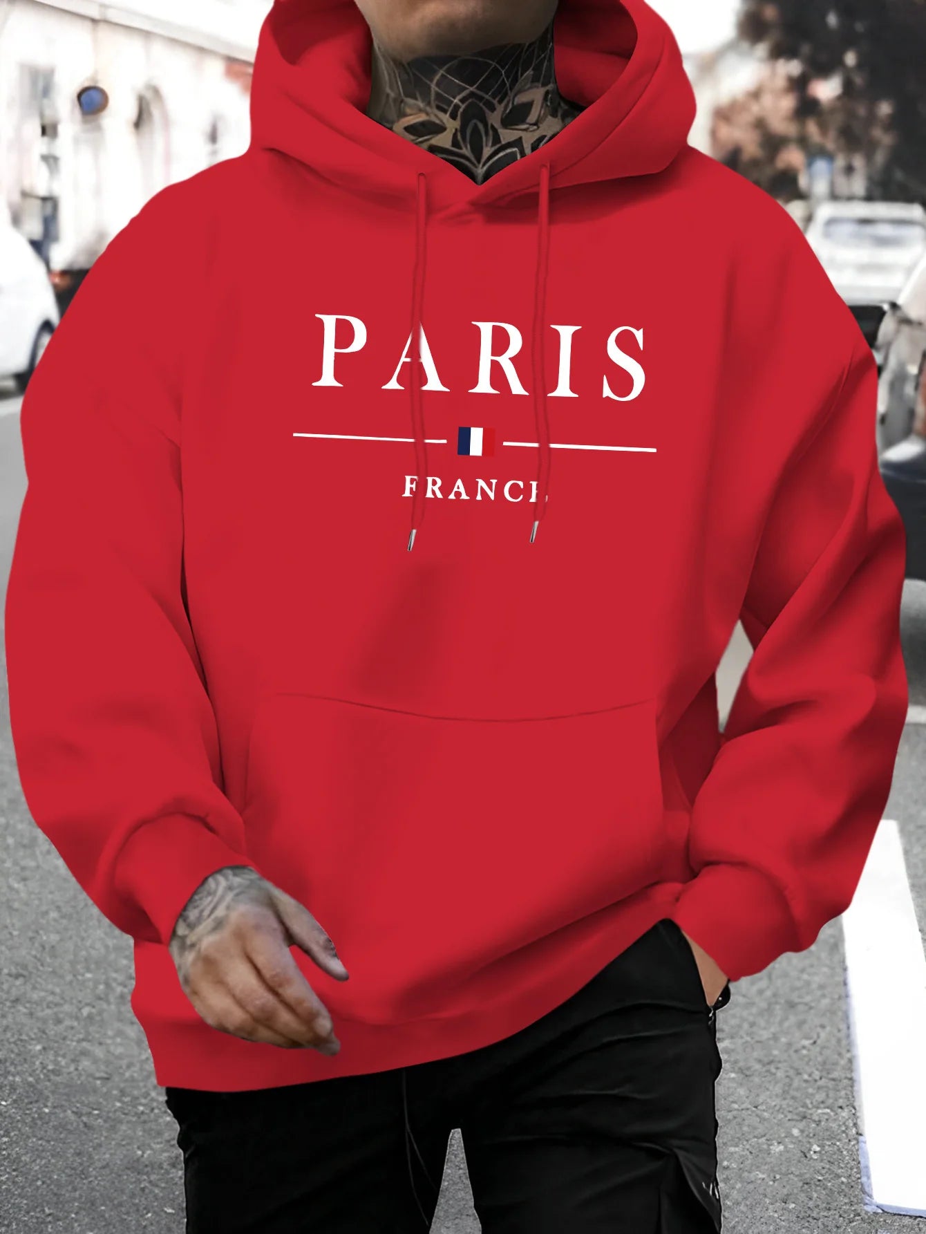 Men's autumn and winter casual fashion loose Paris letter pattern printed long sleeved hooded sweatshirt warm pullover BAZAARHUBO