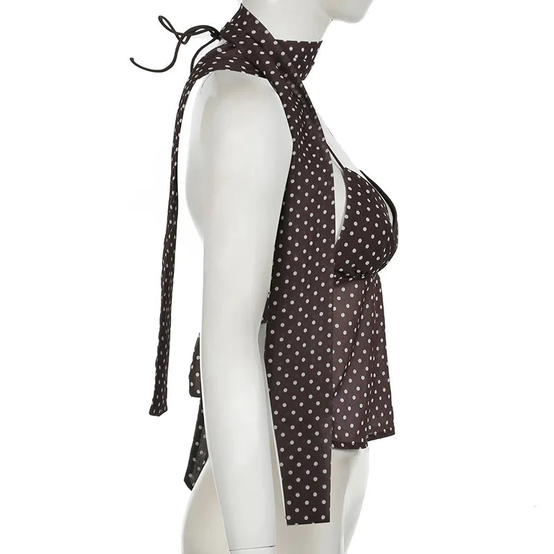Summer Y2K Women's Polka Dot Print Sleeveless Vest Vintage Camisole with Spaghetti Strap Scarf Streetwear Top