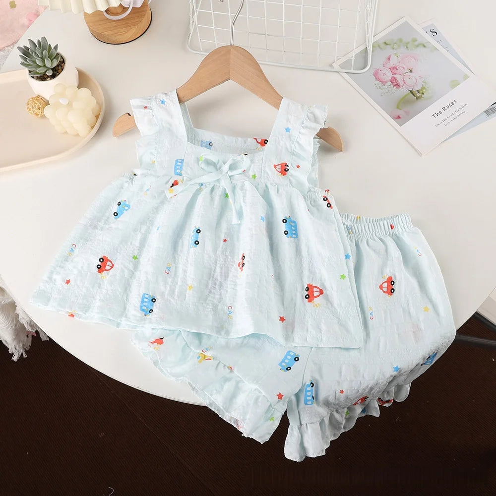2026 Summer Girls Casual Clothes Set Strap Dress Top Floral Print Shorts Outfits Skin Friendly Playwear 2-8Y Kids Suits