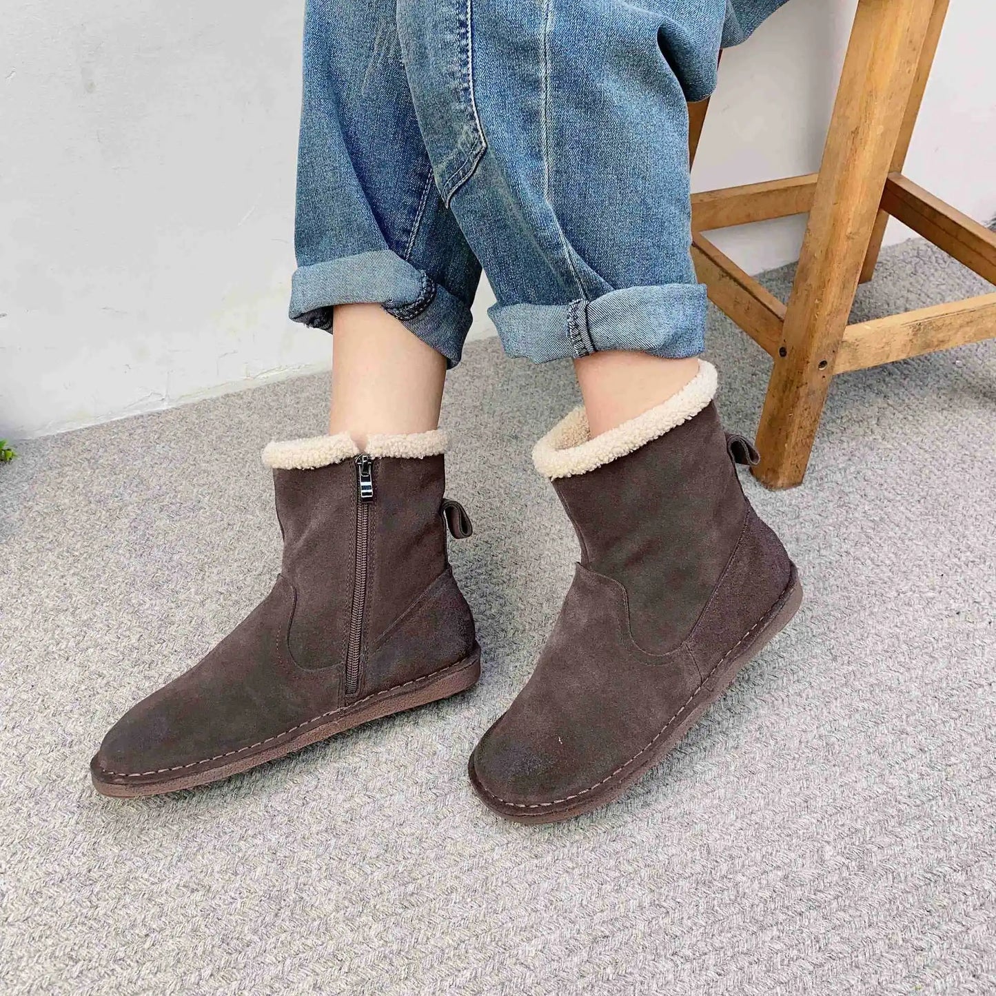 Careaymade-Genuine cow leather Snow cotton round head flats woolen short boots plush warm snow boots Oversized shoes size 35-43