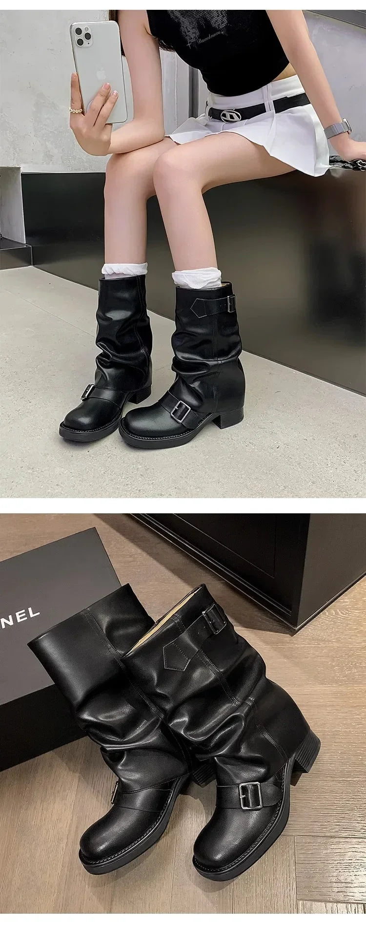 Pleated Buckle Knight Boots for Women Autumn Brown PU Leather Mid Calf Boots Woman Slip-On Thick Heel Riding 2024