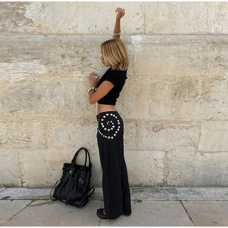Studs Women Pants Solid Color Pants with Spiral Arranged Studs High Waist Straight Leg Pants Stylish Ladies Outfit  Street Style