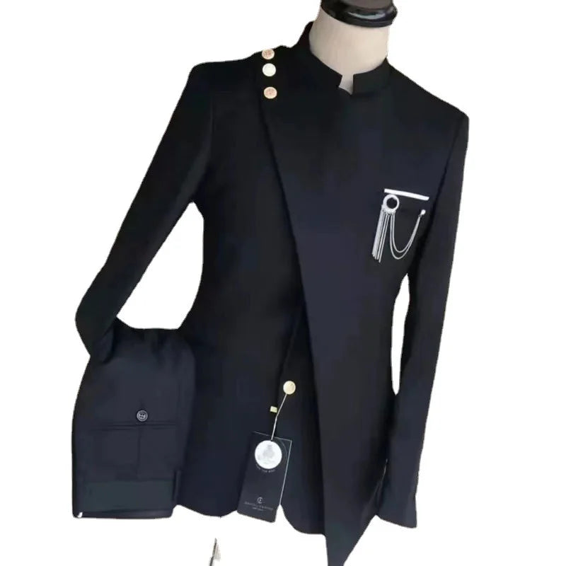 Men Blazer Suits 2 Piece Set Party Coat Straight Pants Ensemble Stand Collar Buttons Trousers Suit Jacket Outfits Autumn 2025