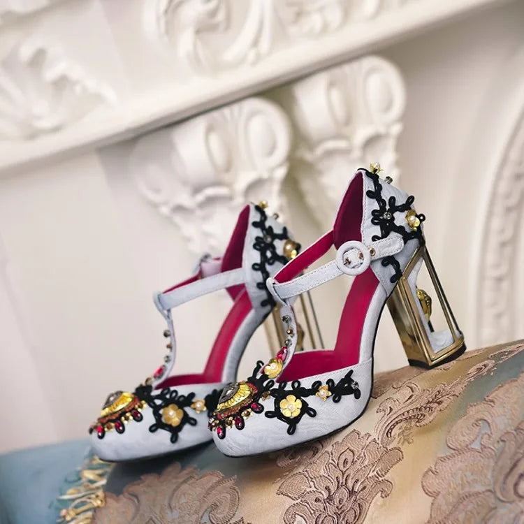 Light Blue Silk Women T-strap Pumps Platform Metal Flowers Decor Wine Red Wedding Shoes 10cm Fretwork High Heels Chaussure Femme