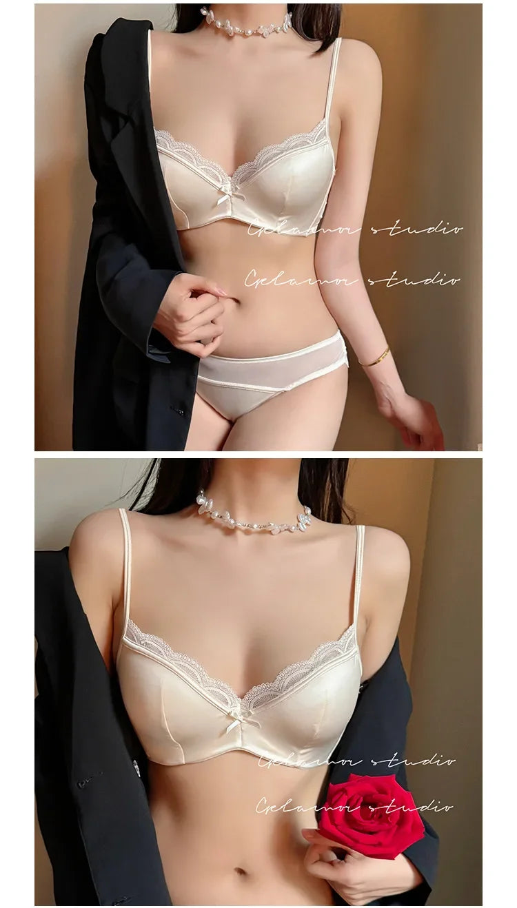 French Women's Lace Seamless Underwear Women's Thin Summer Sexy Lace Satin Anti-sagging Push-up Bra Set Underwear Women Set