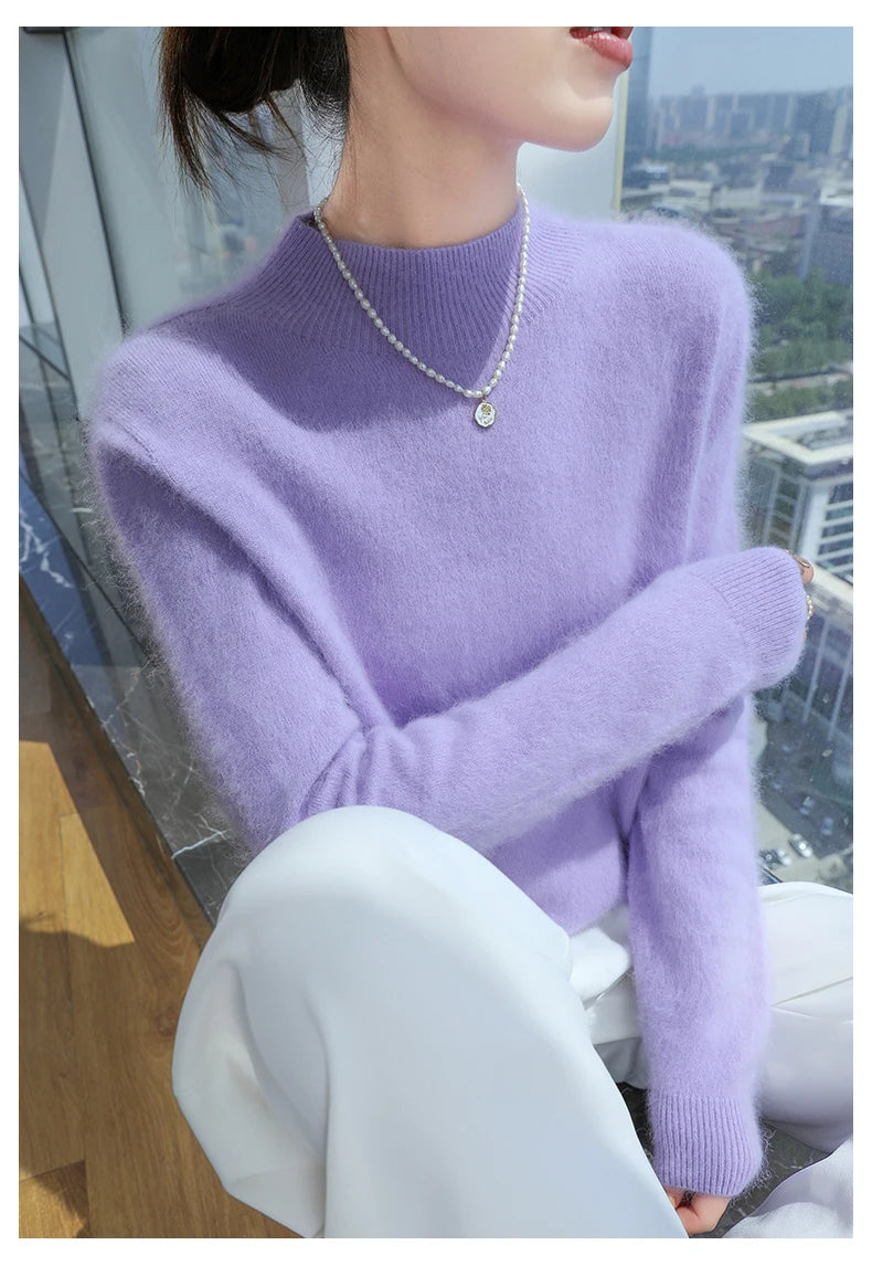 2024 Autumn And Winter New Women's Semi High Neck New Fashion Mink Sweater Long Sleeved Loose Sweater Slimming Knit Sweater Base