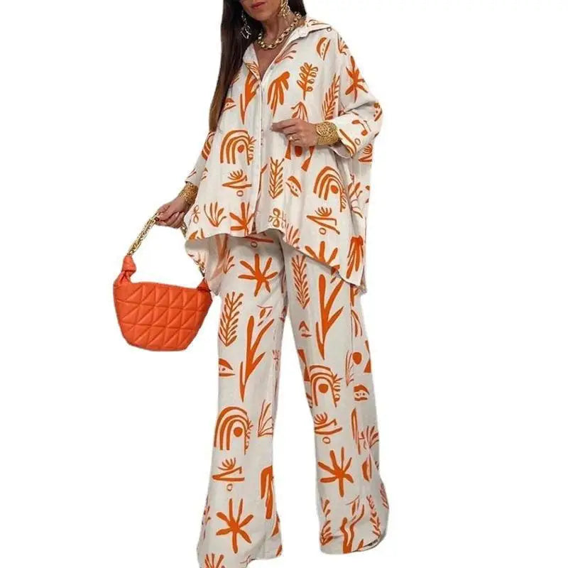 Summer Fashion New Printed Women's Set Printed Pattern Flip Collar Open Single Breasted Top Wide Leg Pants Elegant Two Piece Set