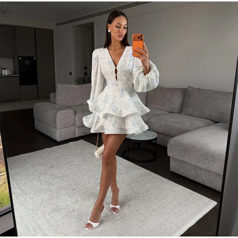 Elegant Floral Printed Waist-cinched Mini Dress Women Pleated Deep V-neck Long Sleeve Button-front Dresses Fashion Party Robe
