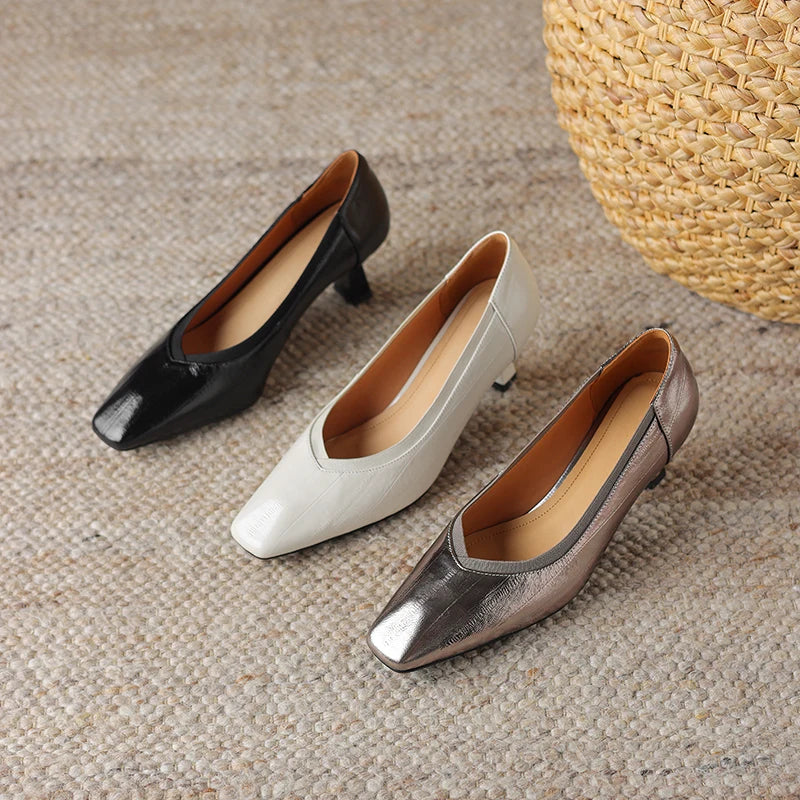【JOCHEBED HU】Brand Genuine Leather Square Toe Women Pumps Slip Mid Heels Solid Color Dress Party Spring Autumn Shoes Handmade