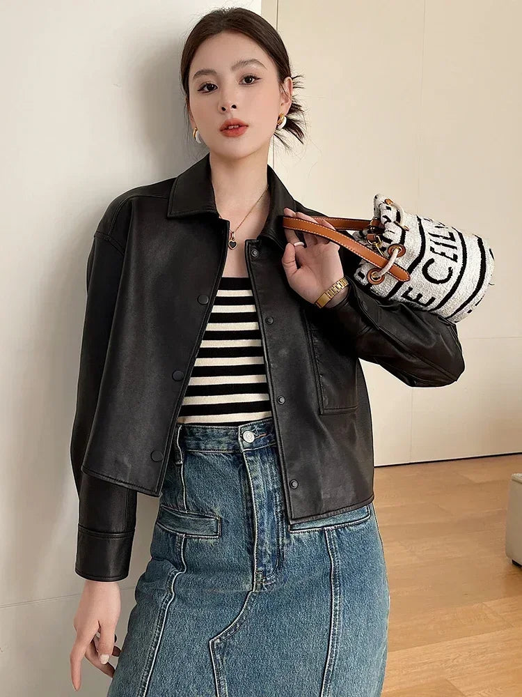 Casual Black Natural Sheepskin Coats for Women Spring Autumn 2026 New Trend High-end Simple Soft Short Genuine Leather Jacket