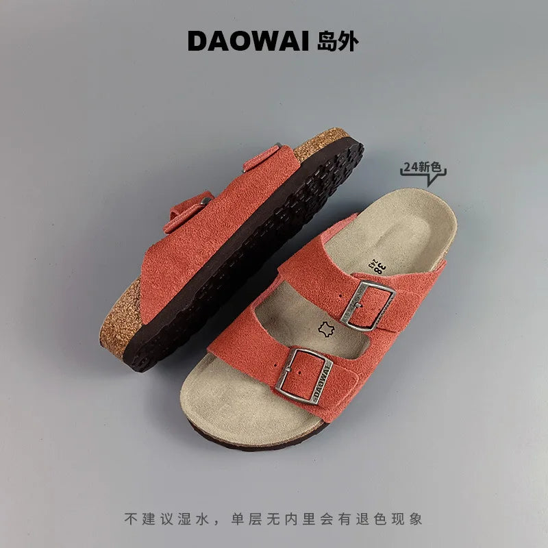 Genuine Leather Men Women Cow Suede Slippers Boy Girl Beach Slides Classic Cork Footbed Women Sandals  With Orthopedic Diabetic