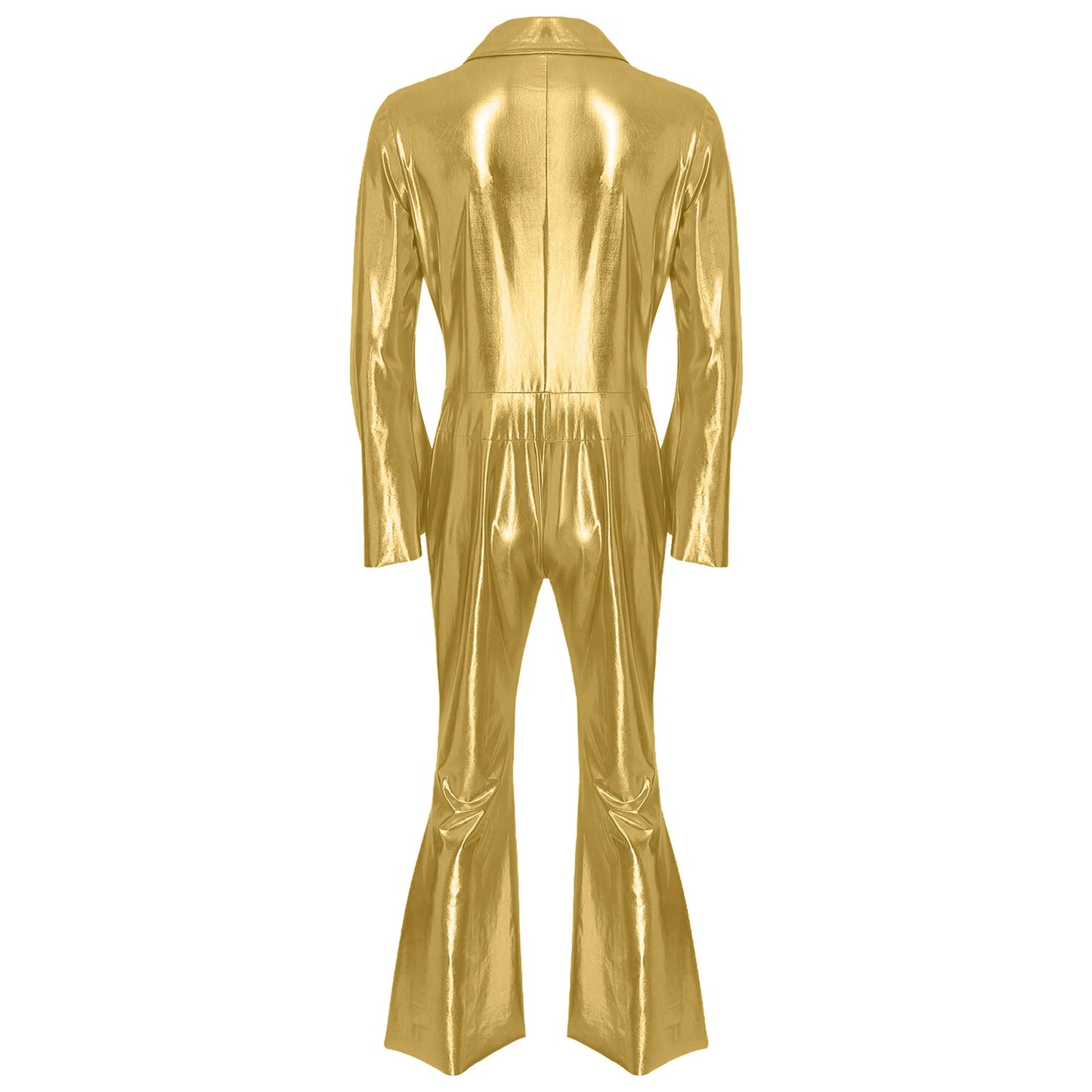 Mens 70s Disco Hippies Jazz Dance Performance Costume Metallic Shiny Unitards Jumpsuit Wide Leg Pants Rompers Vintage Clubwear