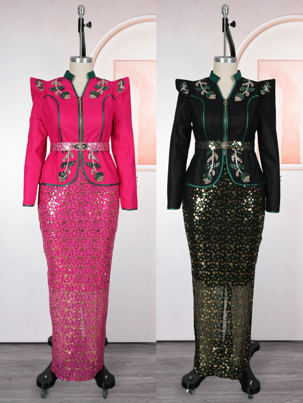 2026 African Dresses For Women Plus Size 2 PCS Set Clothing Tops And Skirt Suit Luxury Sequin Party Evening Gown Turkey Outfits