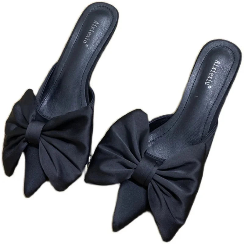 2024 Spring Pointed Toe Stiletto Heel Kitten Heels Bow Heel-Free Slippers for Women