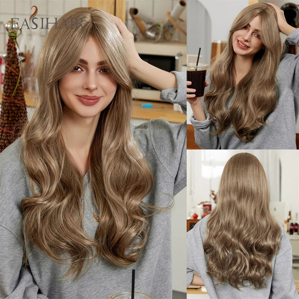 EASIHAIR Dark Brown Long Curly Synthetic Wig with Bangs Brown Women's Wigs for Cosplay Daily Use Heat Resistant Natural Hair