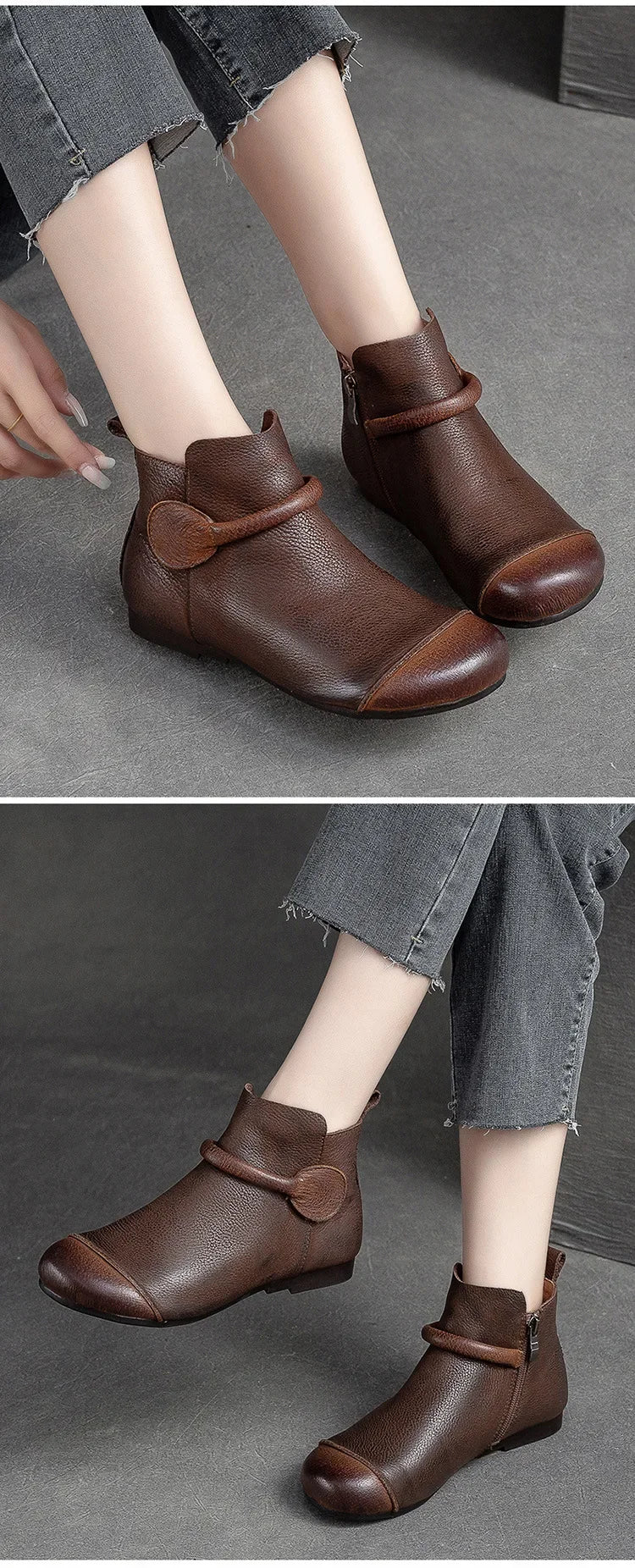 Retro Women Short Ankle Boots 2024 Autumn Winter Faux Cow Leather Slip-on Shoes Handmade Round Toe Light Weight Flat Booties