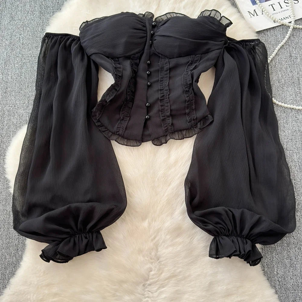 Chiffon Blouse for Women Slash Neck Off Shoulder Solid Color Camisas Ruffles Folds Backless Summer Blusas De Mujer Chic Dropship